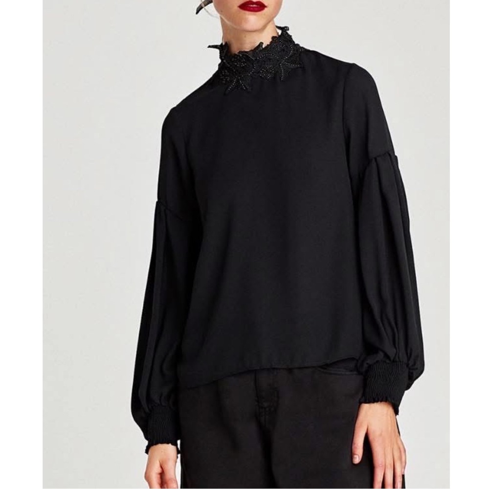 ZARA black long‎ sleeve blouse with high statement collar